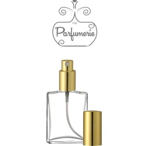 1 oz. or 2 oz. Clear Glass Perfume Spray Bottle with a Flat, rectangular shape and Gold Sprayer top.