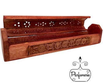 INCENSE COFFIN/BURNER Partially Hand Crafted with 7 Chakra Symbol Design for 11 inch Incense Sticks and Cones, Extra Storage, Free Shipping