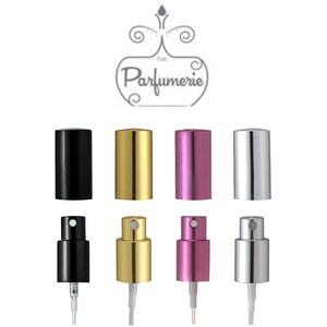 Atomizer Sprayer Tops with matching over caps in Black, Gold, Purple and Silver for Perfume Bottles.