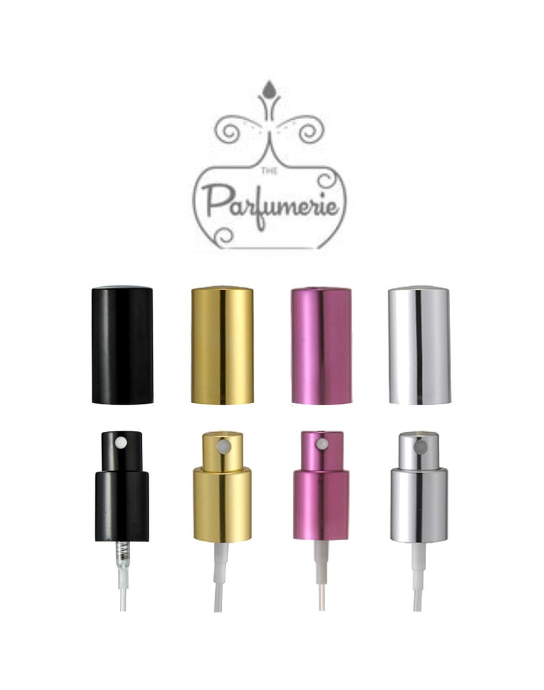 Atomizer Sprayer Tops with matching over caps in Black, Gold, Purple and Silver for Perfume Bottles.