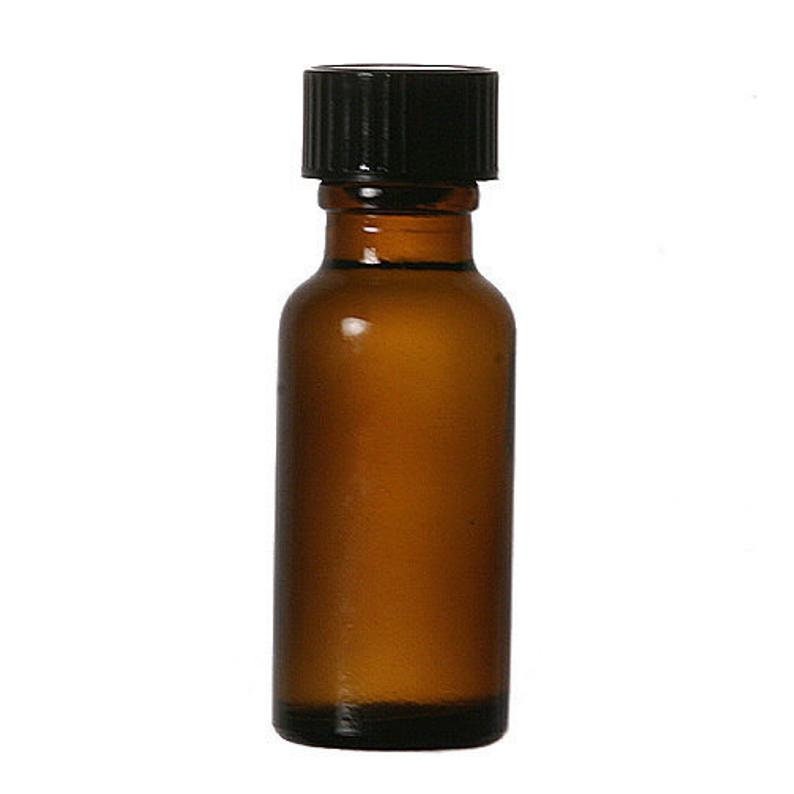 May include: A small, amber glass bottle with a black screw-on lid. The bottle is empty and appears to be for essential oils or other liquids.