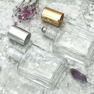 15 ml 1/2 oz Flat Glass ROLL ON Bottle Steel/Plastic Rollerball Insert, Roller ball perfume bottle, Gold/Silver Caps Refillable Qty 1/3/6/12