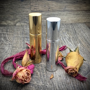 Spray Atomizer Bottle Metallic 12 ml Qty 6 Shiny Gold or Silver Sleek Perfume Cologne Essential Oils Empty Refillable Pocket Travel Size