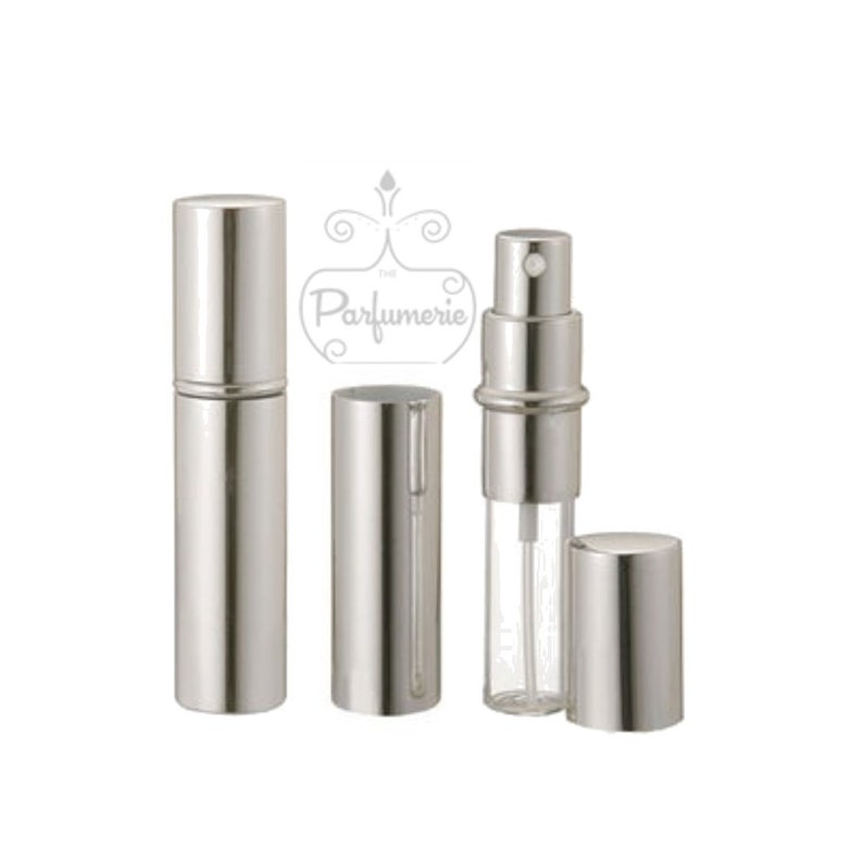 Silver Metallic Perfume Bottle with it's full body Silver on and also showing the cap and body off to see there is a clear 12 ml Roll on Bottle inside the silver casing. This allows you to see how much perfume is left.