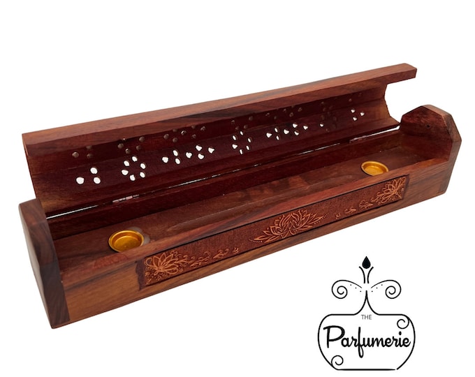 INCENSE COFFIN/BURNER holds 11 in. Incense Sticks and Cones - Partially Hand Crafted Wood with Lotus design - Unisex Gift - Free Shipping