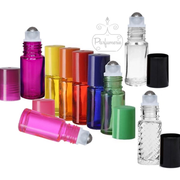Roll On Bottles, Lip Gloss Rollers 5 ml (Qty 1, 3, 6) 1/6 oz. Clear and Color with Matching Caps, Steel Rollerballs, Empty Roller Bottles