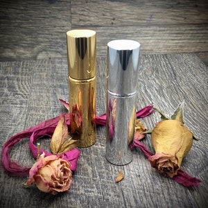 Metallic Spray Atomizer Bottle Qty 6 12 ml Shiny Gold or Silver Sleek Perfume Cologne Essential Oils Empty Refillable Pocket Travel Size