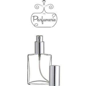 1 oz. or 2 oz. Clear Glass Essential Oil Perfume Bottle with a Flat, rectangular shape and Silver Sprayer top.
