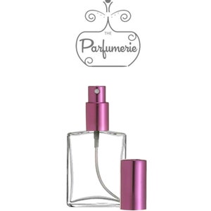 1 oz. or 2 oz. Clear Glass Perfume or Cologne Bottle with a Flat, rectangular shape and Purple Sprayer top.