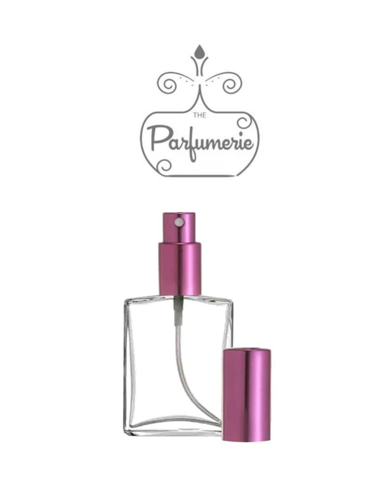 1 oz. or 2 oz. Clear Glass Perfume or Cologne Bottle with a Flat, rectangular shape and Purple Sprayer top.