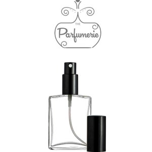 1 oz. or 2 oz. Clear Glass Perfume Bottle with a Flat, rectangular shape and Black Sprayer top.