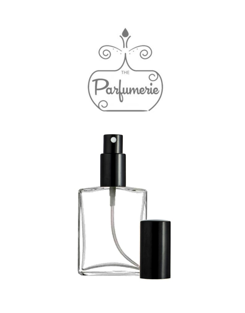 1 oz. or 2 oz. Clear Glass Perfume Bottle with a Flat, rectangular shape and Black Sprayer top.
