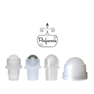 May include: Four different roller ball bottle tops for essential oils or perfumes. The tops are made of clear plastic and have a variety of roller balls, including a metal ball, a clear plastic ball, and a white plastic ball.