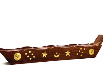 Sun, Moon and Stars Boat Incense Burner - Holds 11 in. Incense Sticks - Holiday Gift - partially handcrafted, decorative Brass embellishment