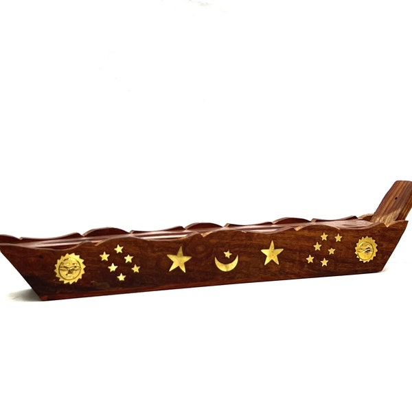 Sun, Moon and Stars Boat Incense Burner - Holds 11 in. Incense Sticks - Holiday Gift - partially handcrafted, decorative Brass embellishment