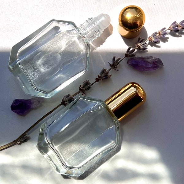 PERFUME ROLL ON, Glass Perfume Bottle 1/2 oz. 15 ml Plastic Rollerball insert Gold Shiny Screw on Cap, High Quality Cologne Bottles, Unisex