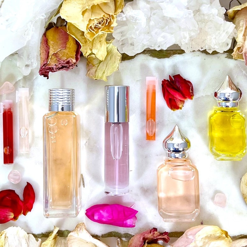Our Perfume Oils come in different colors and sizes creating a beautiful display of Luxury Perfume Bottles.