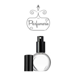 A clear, glass, rounded perfume bottle with a black sprayer and flat front to accommodate a perfume label.