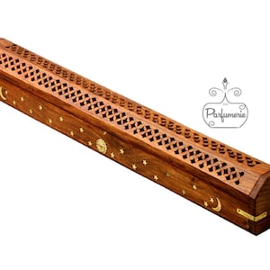 Extra grote JUMBO wierookdoos in de vorm van een doodskist, handgesneden houten wierookhouder voor wierookstokjes van 48 cm / Messing zon, maan en sterren