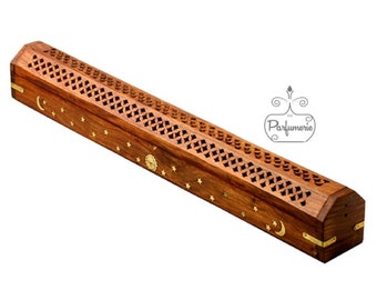 Extra Large JUMBO INCENSE Long Coffin/Burner for 19 in. Incense Sticks / Hand Carved Wooden Incense Storage / Brass Sun, Moon and Stars