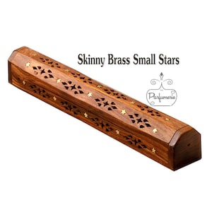 INCENSE COFFIN/BURNER holds 11 in. Incense - Partially Hand Crafted, Wooden with Small Brass Stars - Unisex Gift - Free Shipping