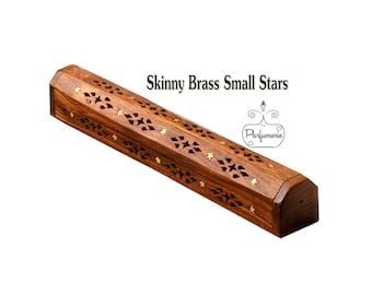 INCENSE COFFIN/BURNER holds 11 in. Incense - Partially Hand Crafted, Wooden with Small Brass Stars - Unisex Gift - Free Shipping