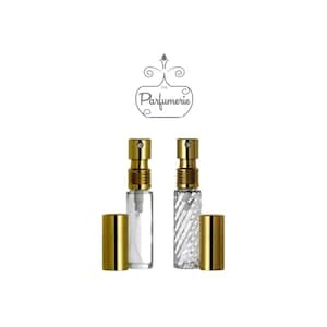 Glass Atomizer Bottle 10 ml Set of 2: 1/3 oz. Refillable Travel Size GOLD METALLIC Top Fine Mist Perfume (1 Clear Smooth/1 Swirl) Free Ship