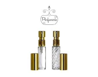 Glass Atomizer Bottle 10 ml Set of 2: 1/3 oz. Refillable Travel Size GOLD METALLIC Top Fine Mist Perfume (1 Clear Smooth/1 Swirl) Free Ship