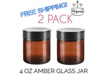 4 oz AMBER Glass JARS : Pack of 2 Premium Cosmetic Makeup Lotion Beauty Supplies Empty Container Private Label Beard Balm Sugar Scrub Butter