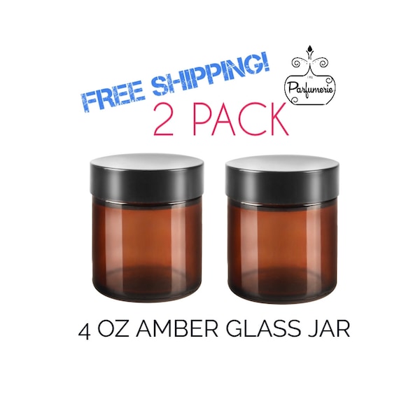 4 oz AMBER Glass JARS : Pack of 2 Premium Cosmetic Makeup Lotion Beauty Supplies Empty Container Private Label Beard Balm Sugar Scrub Butter