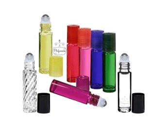 Brillo labial en roll-on, aceite esencial en roll-on, frasco de perfume de vidrio de 10 ml (cantidad: 24), rodillos de acero, tapas a juego, frasco de perfume de viaje de 1/3 oz.