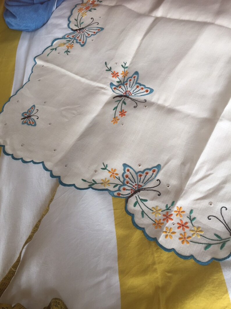 Embroidered tablecloth . Butterflies . linen. 36 inches square Etsy