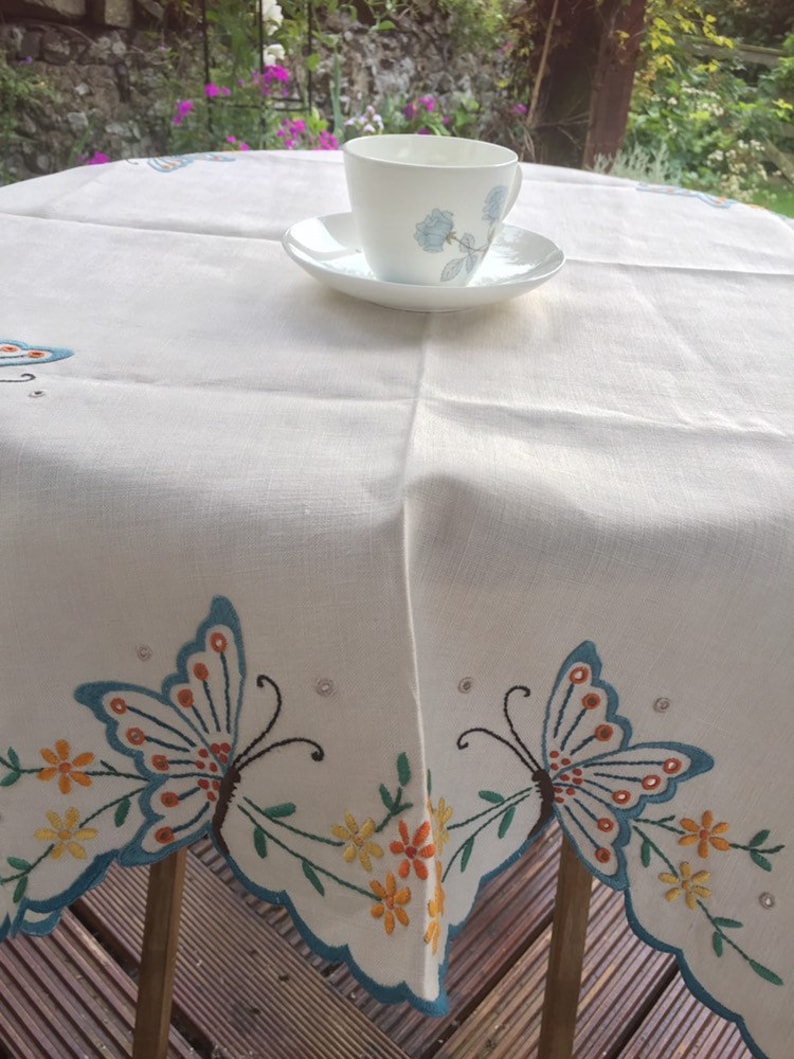 Embroidered tablecloth . Butterflies . linen. 36 inches square Etsy