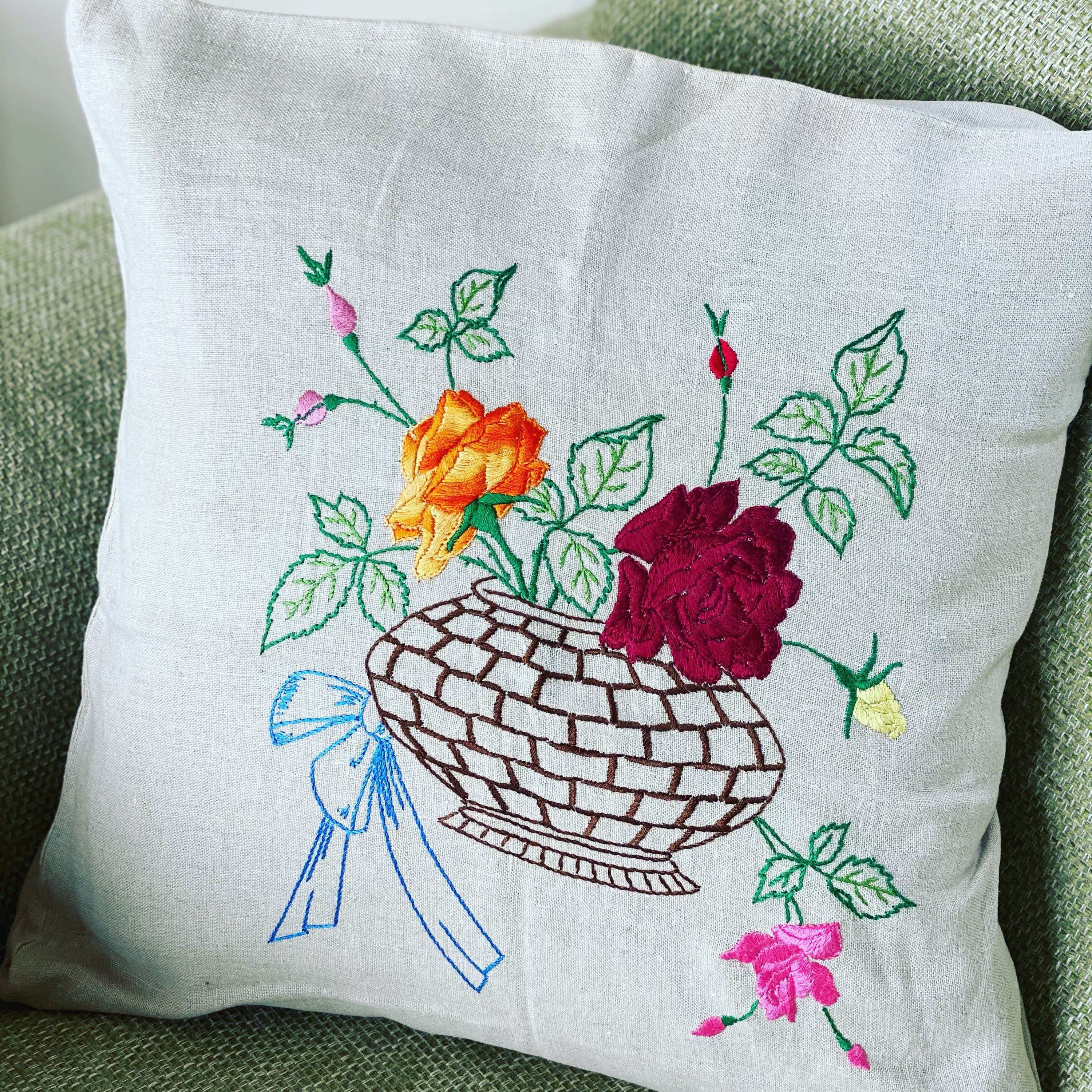 Hand embroidered vintage cushion cover. Raised embroidery. Etsy