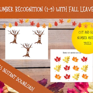 May include: A printable set of 6 pages for kids to learn number recognition with fall leaves. The pages feature cut and glue activities with trees and leaves.