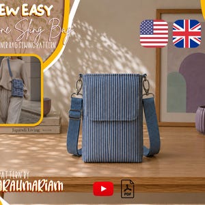 Könnte beinhalten: Eine blau-weiß gestreifte Handy-Umhängetasche mit Klappverschluss und einem passenden verstellbaren Stoffschultergurt. Die Tasche verfügt über silberfarbene Metallclips und eine rechteckige Form. Der Text auf dem Bild lautet SEW EASY Phone Sling Bag.