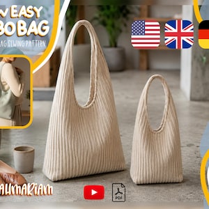 Könnte beinhalten: Ein digitales Schnittmuster für eine Hobo-Tasche mit dem Titel Sew Easy Hobo Bag, das zwei beige gerippte Hobo-Taschen in verschiedenen Größen zeigt. Das Bild enthält ein kleines eingefügtes Foto einer Person mit Tasche, ein YouTube-Symbol und ein PDF-Symbol.