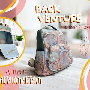 May include: An anti-theft backpack with a marble-like pattern in shades of blue, beige, and purple. The backpack has a top handle, adjustable straps, and multiple pockets. The dimensions are 13 3/4" x 13 1/4" x 5 1/2". The text "BACK VENTURE" is displayed.