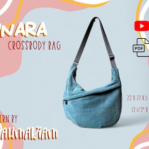 Könnte beinhalten: Eine tealfarbene Cord-Umhängetasche mit schwarzem Riemen. Die Tasche misst 32 x 37 x 5 cm. Das Bild enthält den Text "LUNARA CROSSBODY BAG" und "PATTERN BY SARAHWALKIAN".