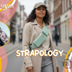 Puede incluir: Una mujer con un cinturón verde claro acolchado, una gabardina beige y una gorra. La palabra "STRAPOLOGY" se muestra en naranja. Una pequeña imagen muestra una cartera con dinero.