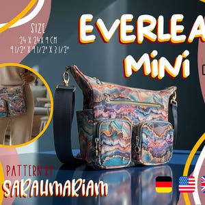 Könnte beinhalten: Eine Everlea Mini Tasche mit farbenfrohem Muster, zwei Vordertaschen und Schulterriemen. Die Tasche misst 24 x 24 x 9 cm (9 1/2" x 9 1/2" x 3 1/2"). Der Text "EVERLEA MINI" und "PATTERN BY SARAUMARIAM" sind ebenfalls enthalten.