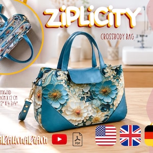 Könnte beinhalten: Eine blaugrüne Umhängetasche mit Blumenmuster, zwei Tragegriffen, einem Klappverschluss und einem abnehmbaren Schultergurt. Die Tasche misst 21 cm x 31 cm x 12 cm. Der Text auf dem Bild lautet ZIPLICITY CROSSBODY BAG und SARAHWAKIAM.