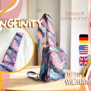 May include: A sling bag with a colorful marble pattern in shades of blue, pink, and purple. The bag is shown on a mannequin and also standing upright. The text "SLINGFINITY" is displayed. Dimensions: 8 1/2" x 6 1/4" x 2 1/2".