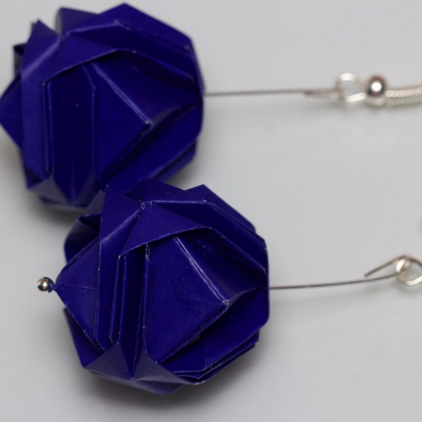 Midnight Blue Origami Earrings, Japanese Brocade,  Mini kusudama, lightweight handmade paper jewelry