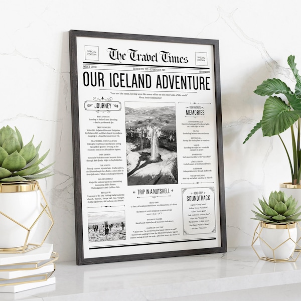 Affiche de voyage personnalisée en Islande, itinéraire de voyage personnalisé, souvenir du journal d’aventure islandais, cadeau d’anniversaire de voyage