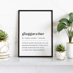 Cartel digital de frase islandesa de Gluggaveður, impresión de definición de palabra de Islandia, regalo de viaje de cumpleaños de recuerdo islandés, signo de arte de pared de frase