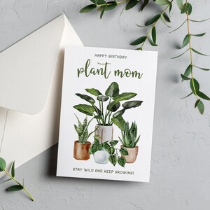 Cartão de aniversário imprimível da mãe da planta, cartão digital do amante das plantas, jardinagem das flores das plantas da casa, cartão engraçado do presente de aniversário