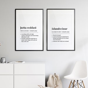 þetta reddast & Íslandsvinur Islandia carteles conjunto digital, impresiones de definición de palabras, recuerdo de viaje islandés, regalo de aniversario de cumpleaños