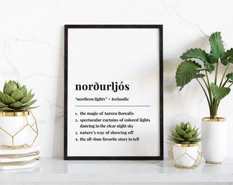 Norðurljós Icelandic Phrase Digital Poster, Iceland Word Definition Print, Icelandic Souvenir Birthday Travel Gift, Northern Lights Wall Art