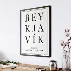 Cartel de coordenadas de la ciudad de Reykjavík Islandia, impresión de recuerdo islandés, arte de la pared de ciudades europeas, regalo de aniversario de viaje de cumpleaños imagen 1